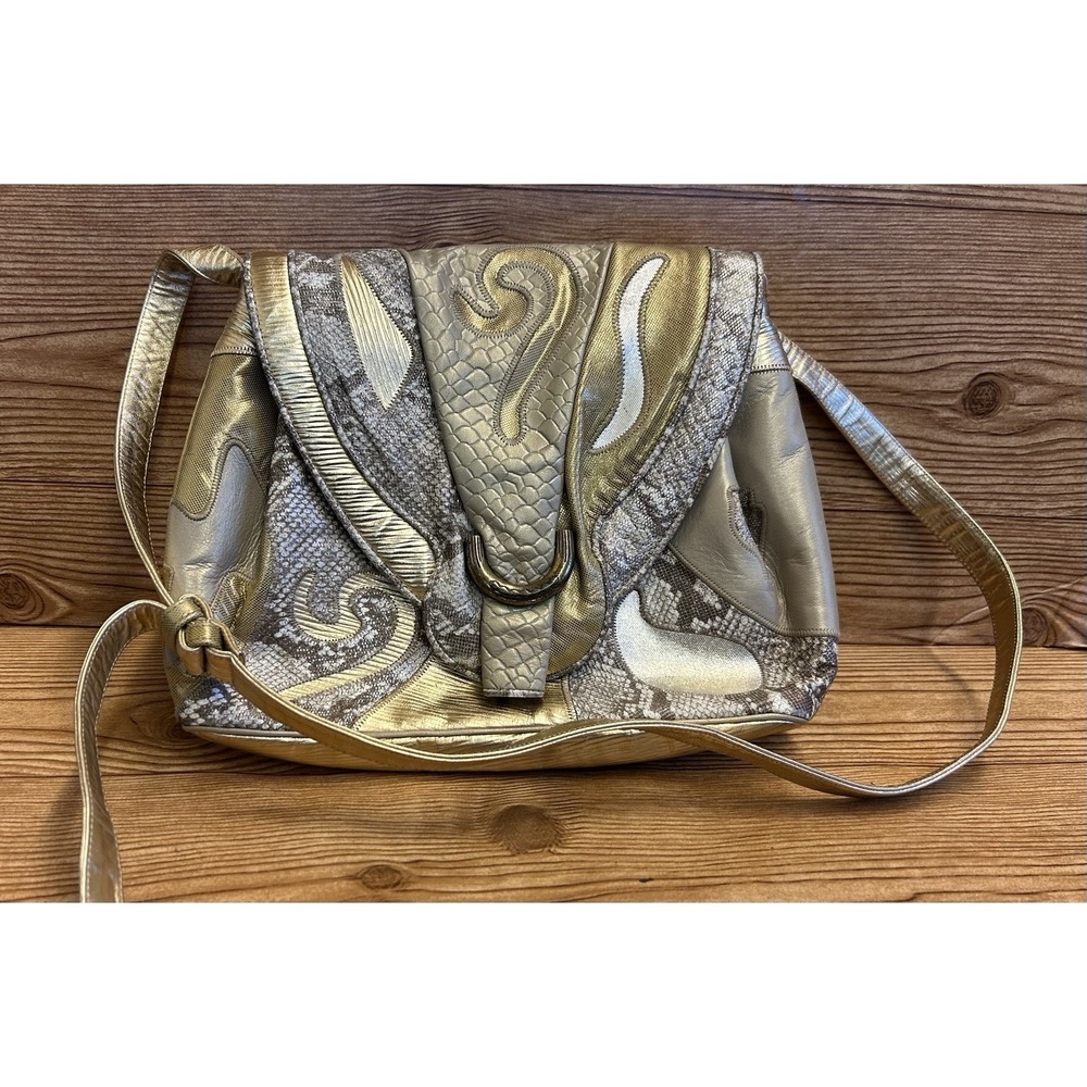 Sharif  Vtg 90s‎ Handbag Shoulder Bag Purse Leather Reptile Patchwork Gray Gold